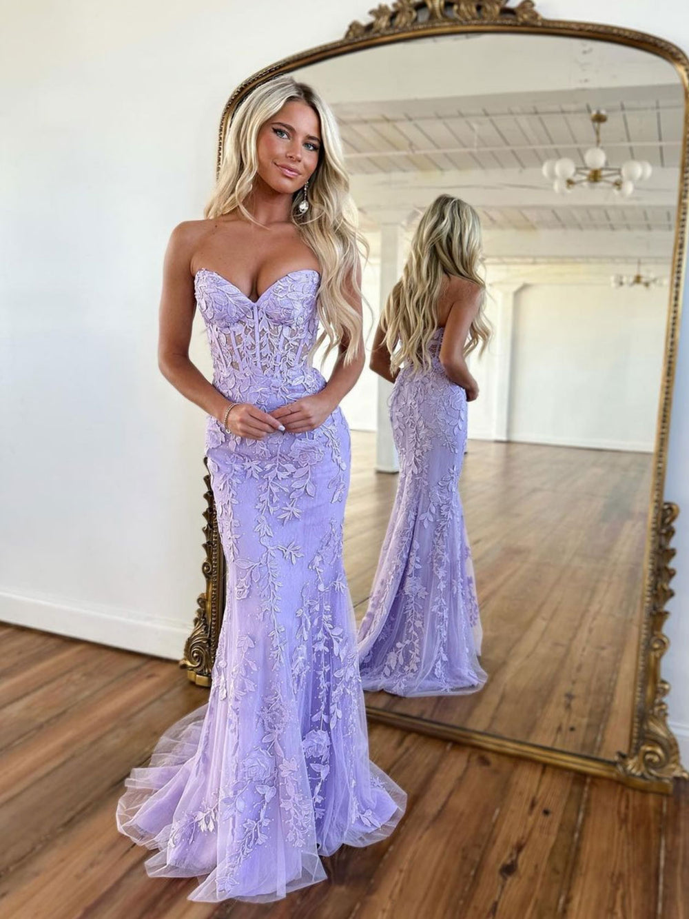 Mermaid Sweetheart Neck Lace Purple Long Prom Dress, Purple Formal Dress