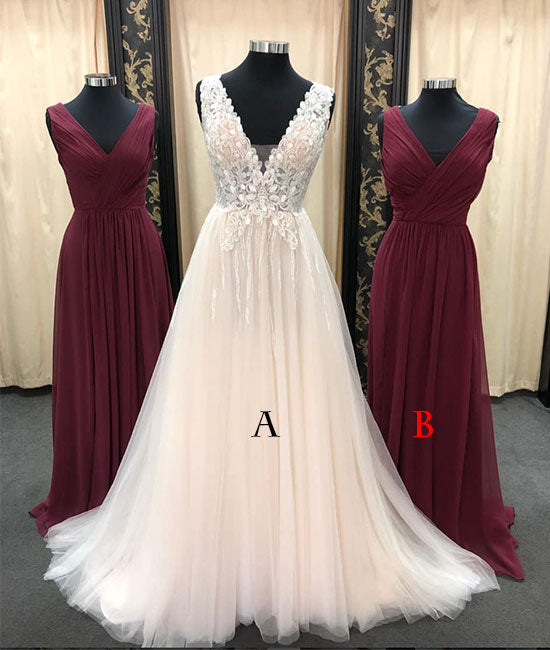 Unique tulle lace long prom dress, bridesmaid dress, tulle formal dress - shdress