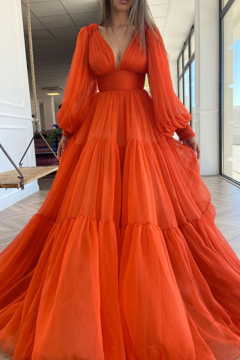 Elegant Orange Layers Chiffon Long Party Dress, DP2251