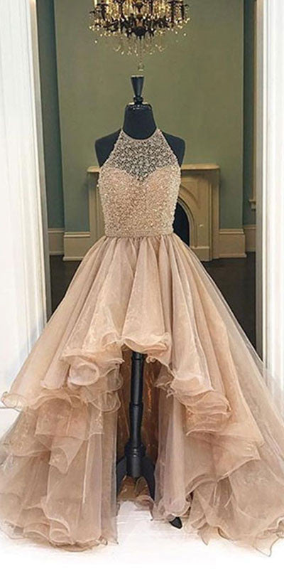 
                  
                    Unique round neck high-low prom dresses for teens, evening dresses - shdress
                  
                