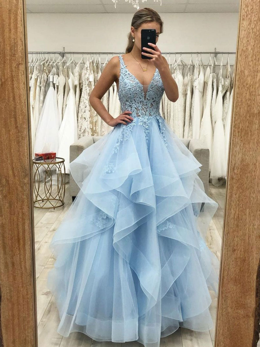 Blue v neck tulle lace long prom dress, blue evening dress shdress Blue v neck tulle lace long prom dress, blue evening dress shdress