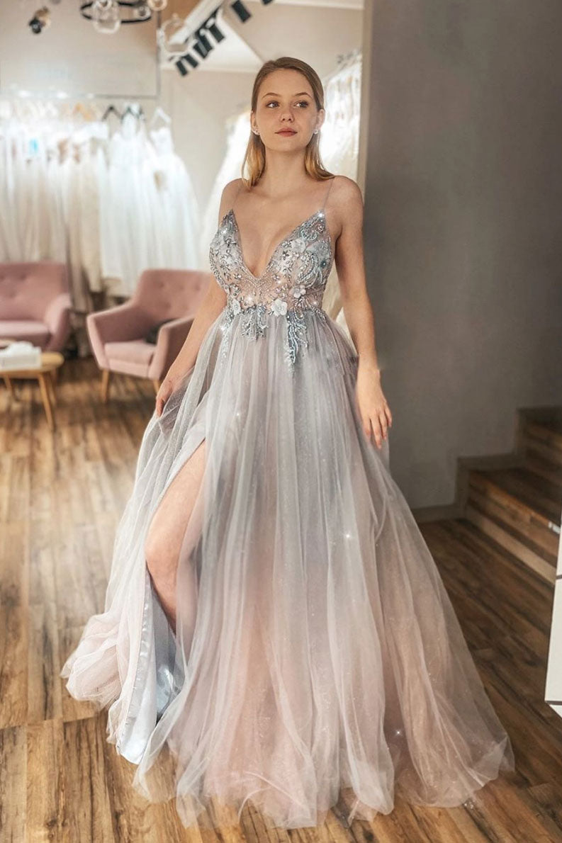 Unique v neck tulle lace beads long prom dress tulle formal dress Unique v neck tulle lace beads long prom dress tulle formal dress