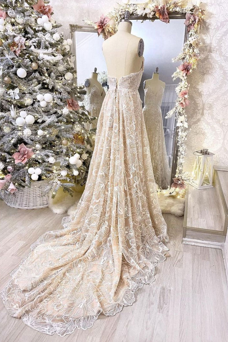 Champagne v neck lace long prom dress champagne evening dress shdress Champagne v neck lace long prom dress champagne evening dress shdress