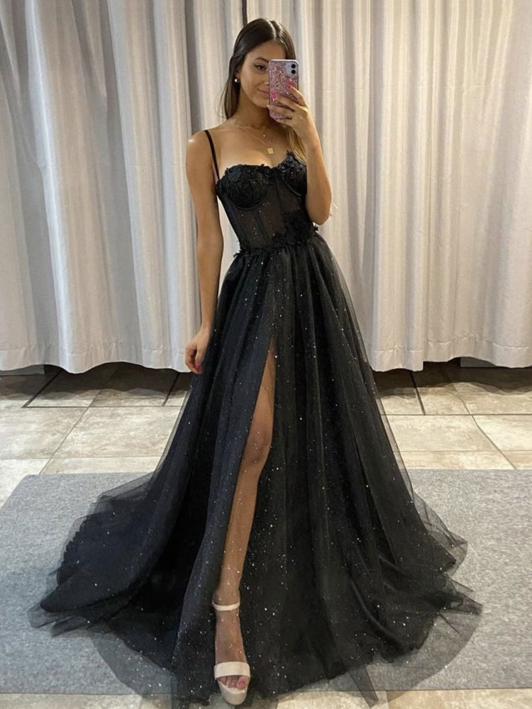 
                  
                    Black sweetheart neck tulle long prom dress, black tulle evening dress
                  
                