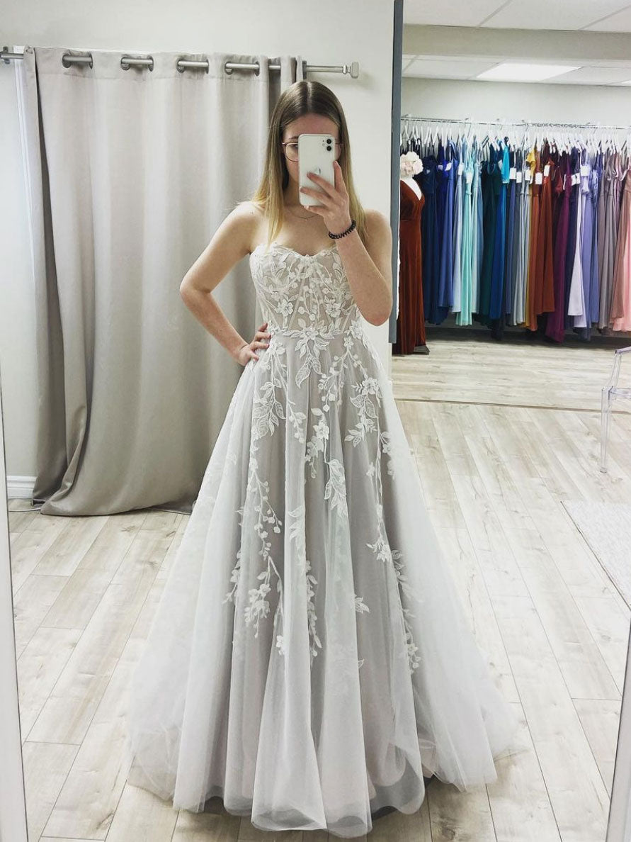 Gray tulle lace long prom dress, gray tulle formal dress