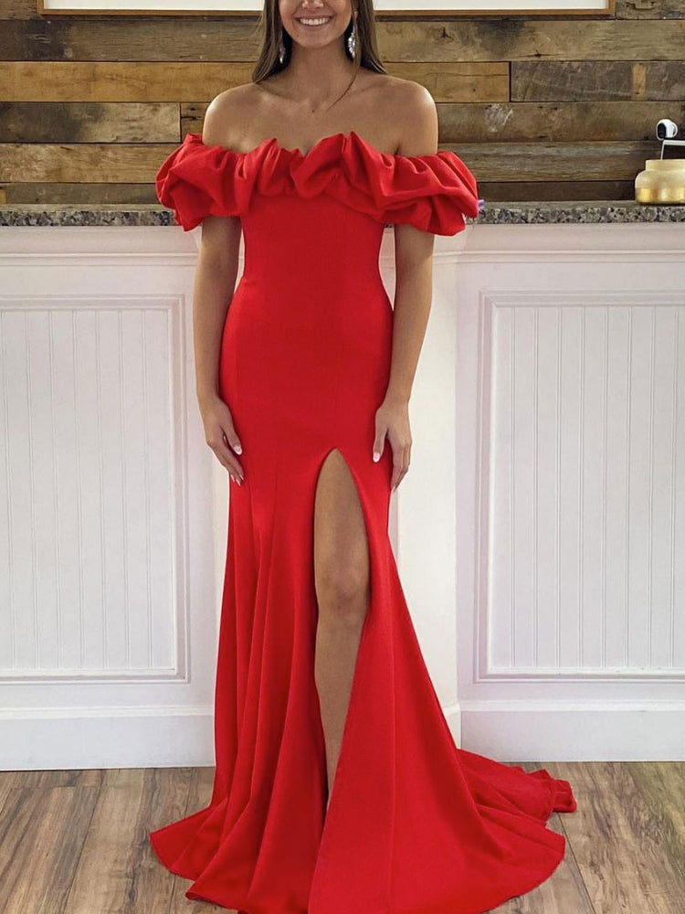 
                  
                    Simple  red off shoulder satin long prom dress, red evening dress
                  
                