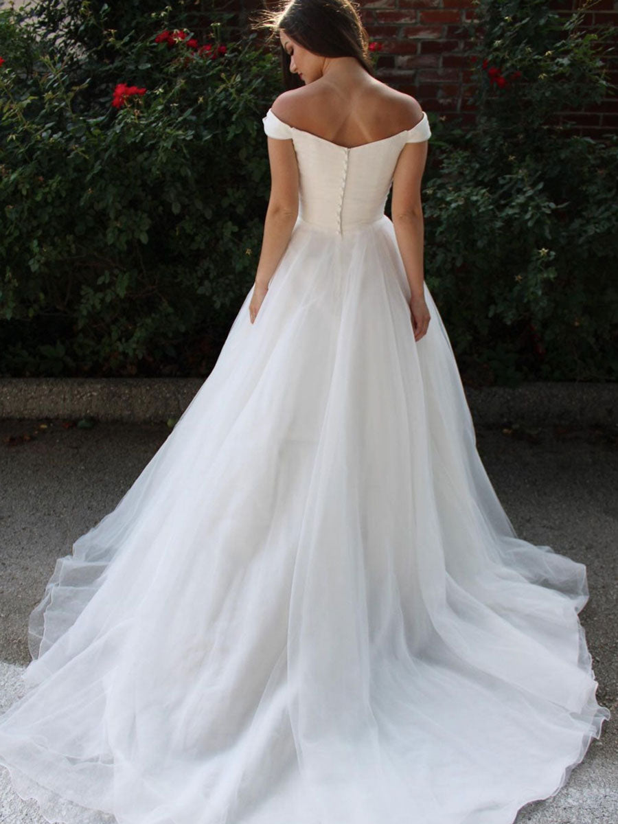 
                  
                    Simple white off shoulder long prom dress, white tulle formal dress
                  
                