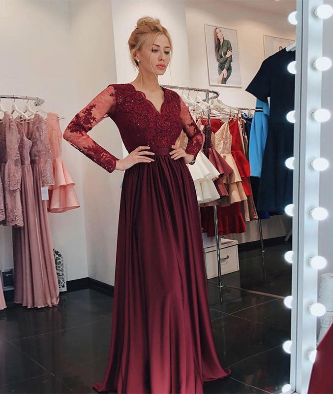 Burgundy v neck lace long prom dress, burgundy bridesmaid dress shdress Burgundy v neck lace long prom dress, burgundy bridesmaid dress shdress