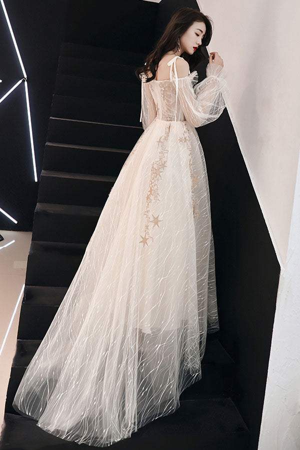 Champagne tulle lace long prom dress, champagne lace evening dress