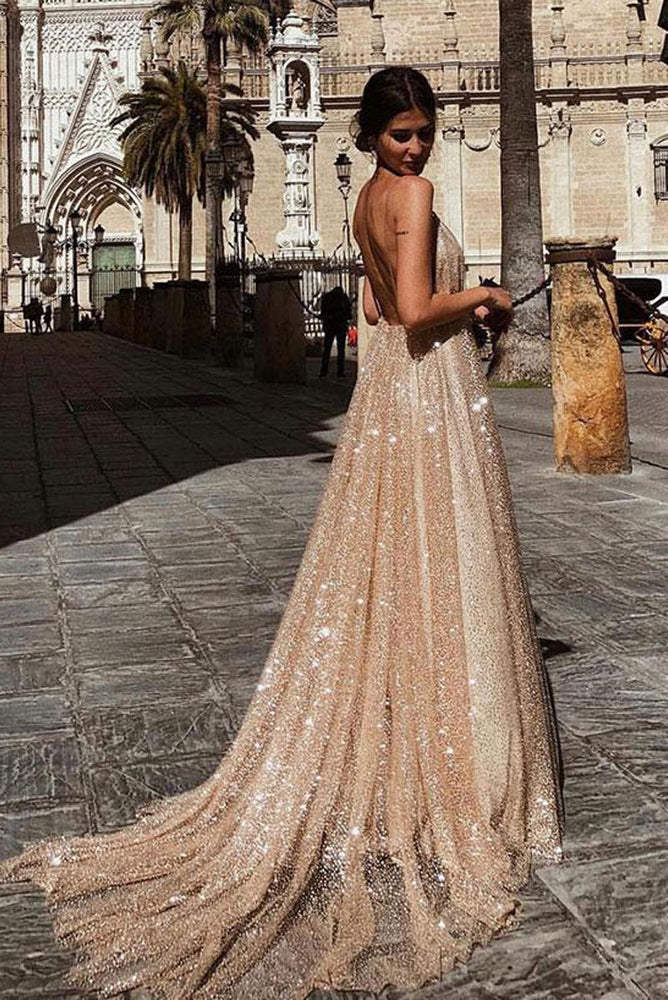 
                  
                    Champagne sequin v neck tulle long prom dress, sequin evening dress
                  
                