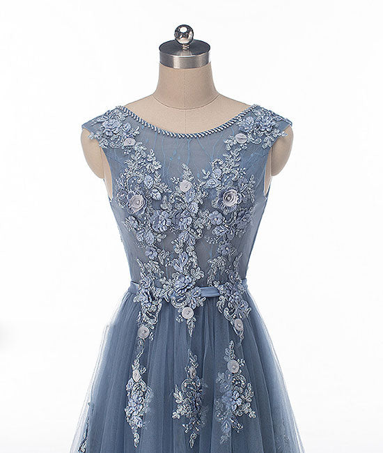
                  
                    Blue round neck tulle lace applique long prom dress, blue evening dress - shdress
                  
                
