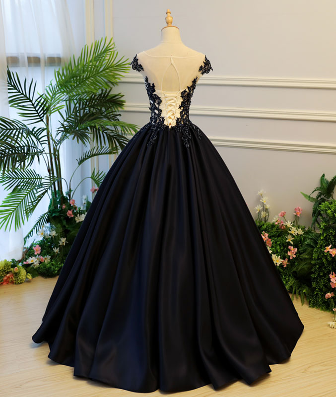 
                  
                    Black round neck satin long prom gown, black evening dress - shdress
                  
                