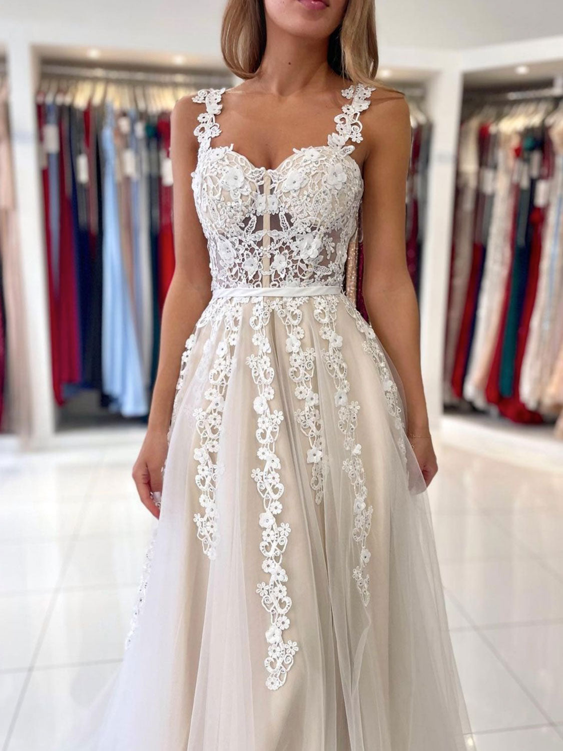Champagne A-Line Lace Long Prom Dresses, Champagne Formal Evening Dres shdress Champagne A-Line Lace Long Prom Dresses, Champagne Formal Evening Dres shdress