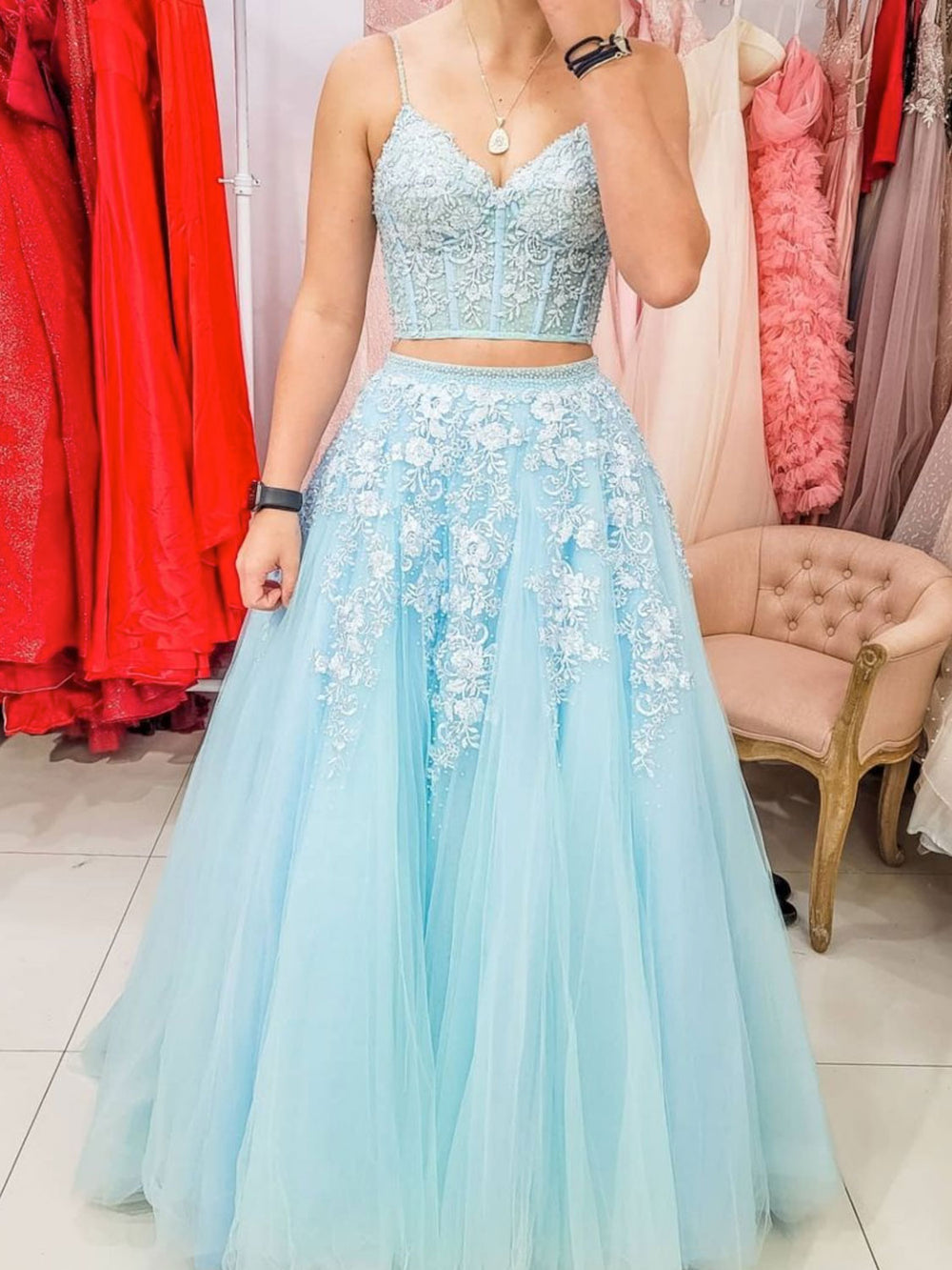 Blue tulle lace two pieces long prom dress, blue evening dress