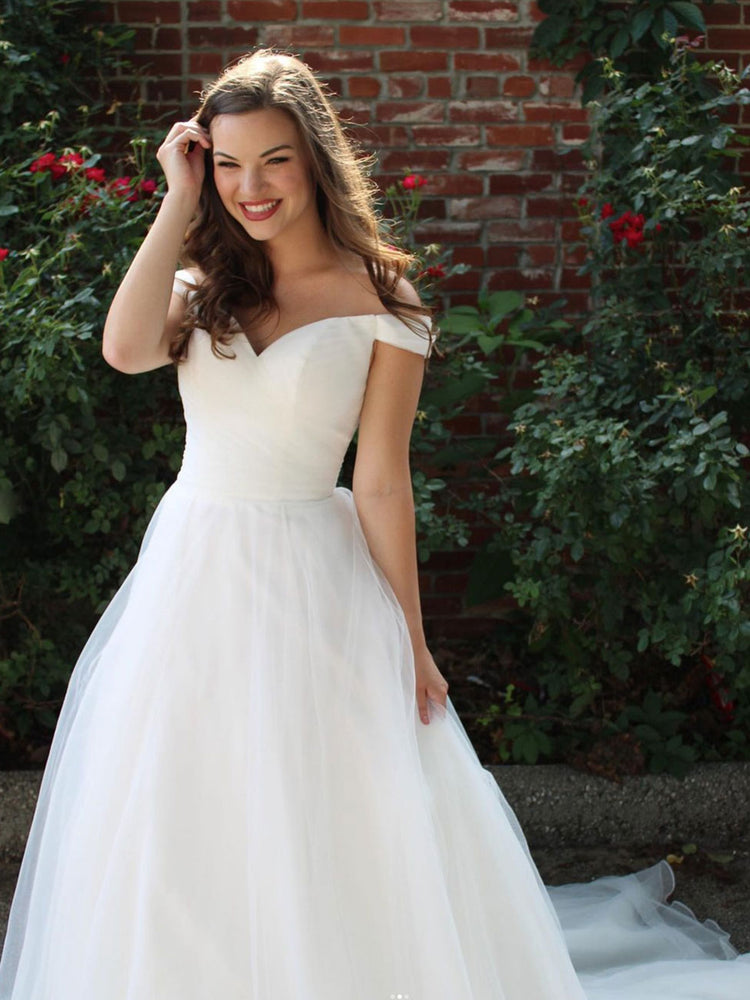 
                  
                    Simple white off shoulder long prom dress, white tulle formal dress
                  
                