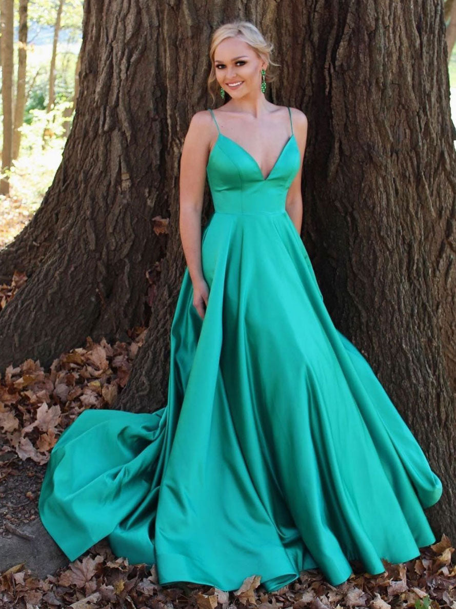 Simple v neck satin long prom dress green tulle formal dress shdress Simple v neck satin long prom dress green tulle formal dress shdress