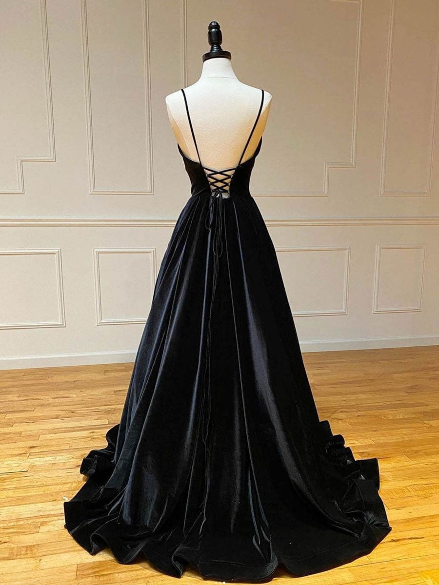 
                  
                    Simple Black velvet long prom dress, black evening dress
                  
                