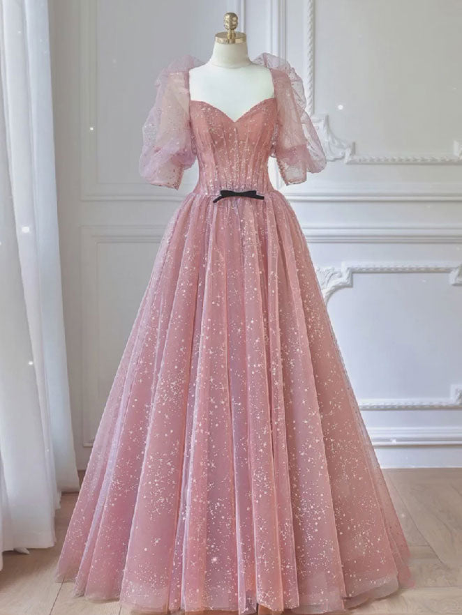 Pink A-line tulle lace long prom dress, pink lace formal dress shdress Pink A-line tulle lace long prom dress, pink lace formal dress shdress