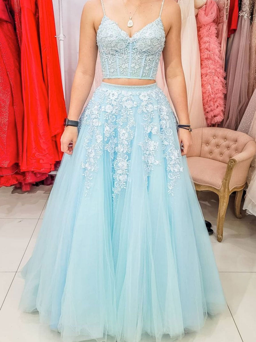 blue lace two piece prom dress Two Piece Lace and Satin Dress, Navy Blue Evening Dress, Cap Sleeves Prom Dress, Crop Top and Skirt Set Floral Lace Bodice Long Evening Gown