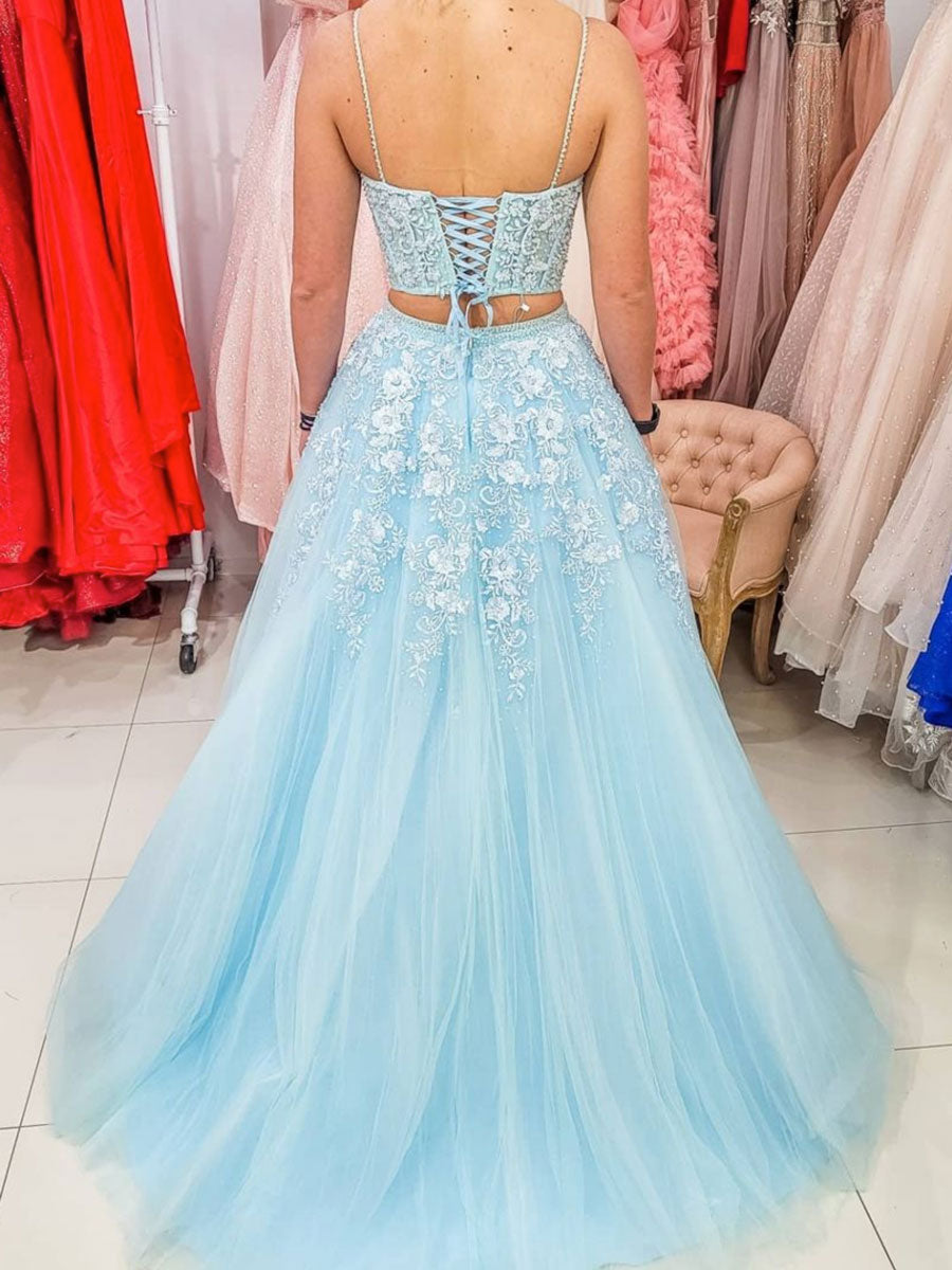 Blue tulle lace two pieces long prom dress, blue evening dress – shdress