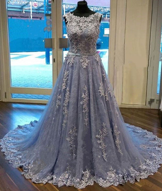Unique round neck lace tulle long prom dress, lace evening dress - shdress