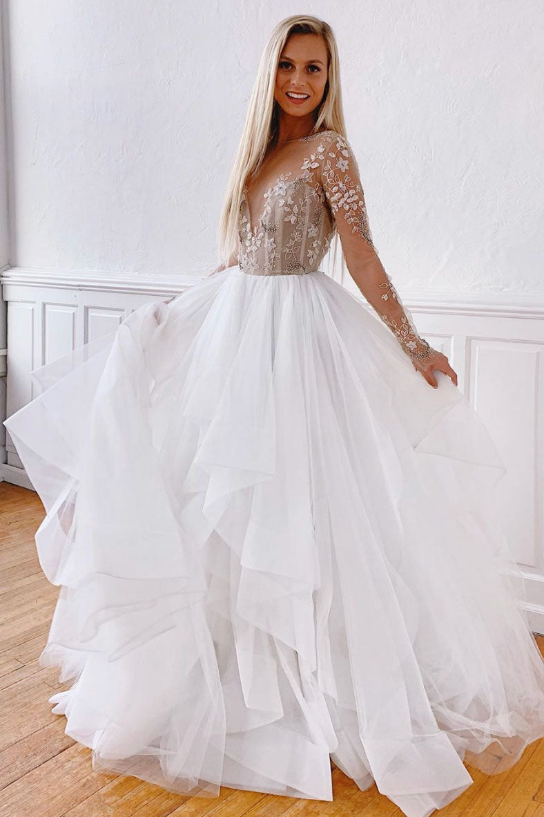 White round neck tulle lace long prom dress white evening dress