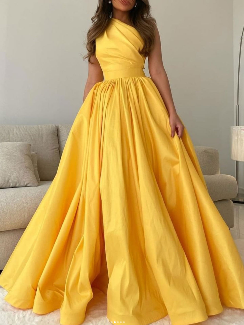 Simple yellow one shoulder satin long prom dress, yellow formal dress