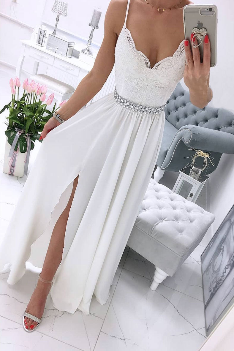 White v neck chiffon lace long prom dress, white formal dress