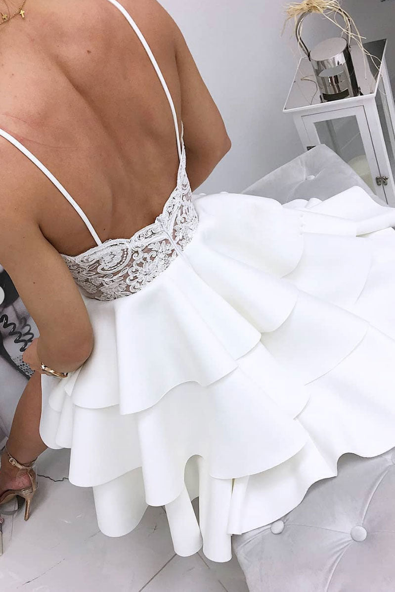 
                  
                    White v neck lace short prom dress, white homecoming dress
                  
                