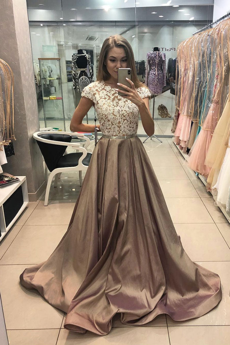 
                  
                    Champagne satin lace long prom dress, champagne evening dress
                  
                