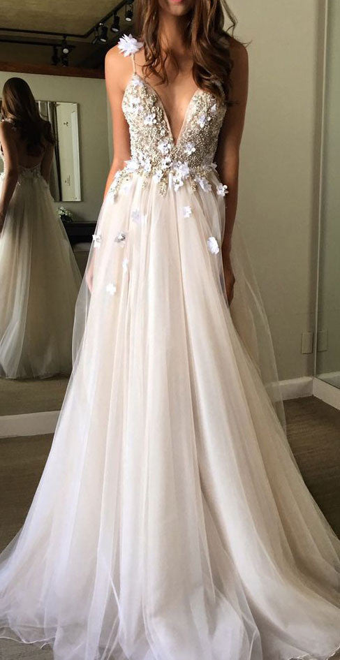 Unique v neck tulle long prom dress, tulle evening dress - shdress