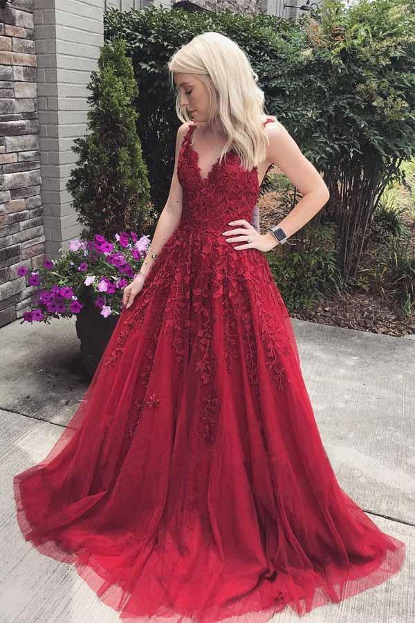 Burgundy v neck tulle lace long prom dress, burgundy evening dress shdress Burgundy v neck tulle lace long prom dress, burgundy evening dress shdress