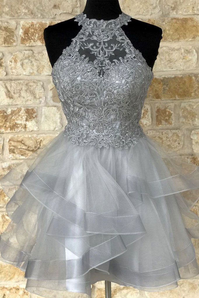 Gray tulle lace high neck short prom dress gray homecoming dress shdress Gray tulle lace high neck short prom dress gray homecoming dress shdress