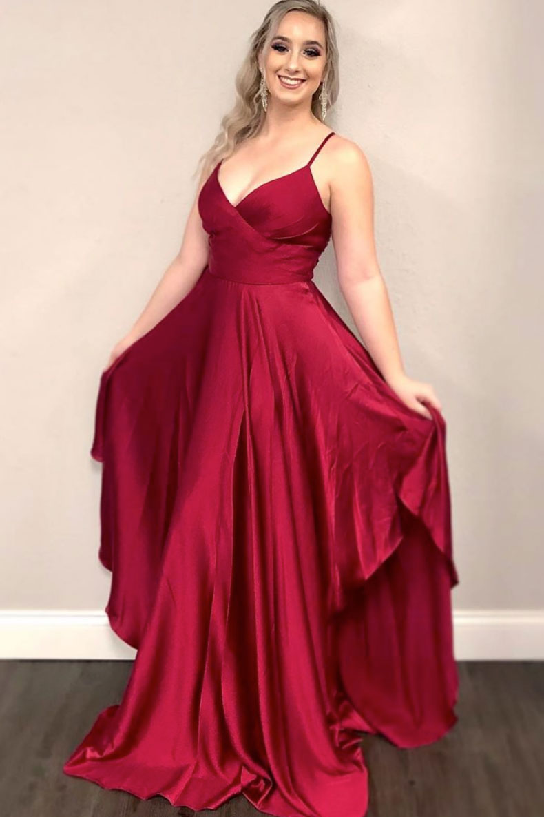 Simple burgundy satin long evening dress long bridesmaid dress