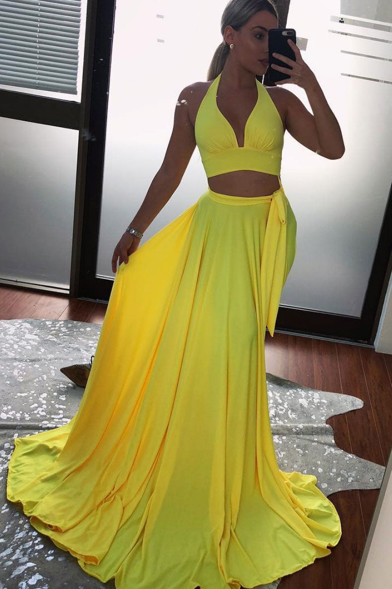 Simple yellow two pieces long prom dress yellow evening dress