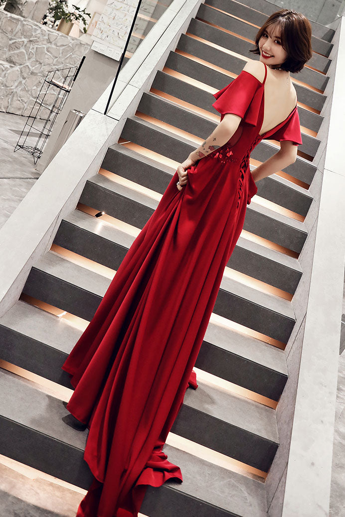 Simple burgundy v neck satin long prom dress, burgundy evening dress shdress Simple burgundy v neck satin long prom dress, burgundy evening dress shdress