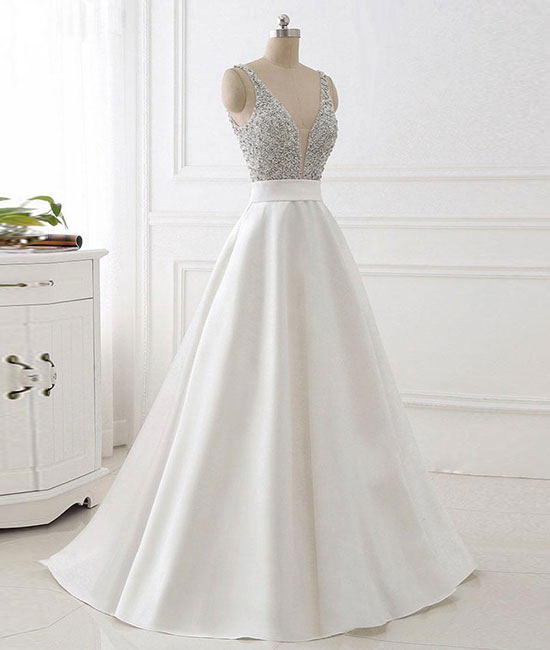 White v neck beads sequin long prom dress, white evening dress shdress White v neck beads sequin long prom dress, white evening dress shdress