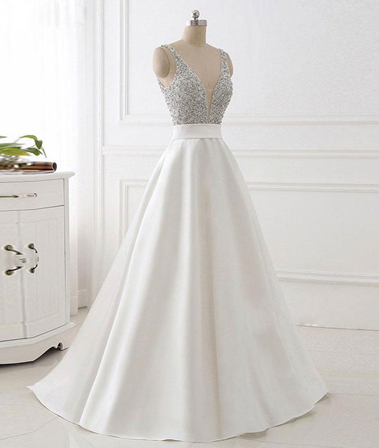 
                  
                    White v neck beads sequin long prom dress, white evening dress - shdress
                  
                