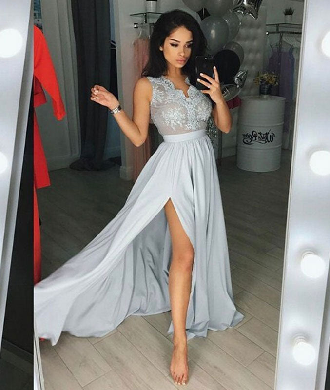 Gray v neck chiffon lace long prom dress, gray evening dress shdress Gray v neck chiffon lace long prom dress, gray evening dress shdress
