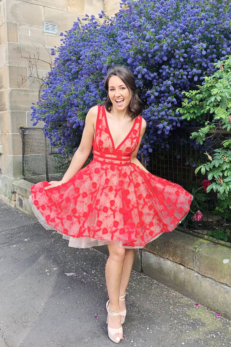 Red v neck tulle lace short prom dress, red homecoming dress shdress Red v neck tulle lace short prom dress, red homecoming dress shdress