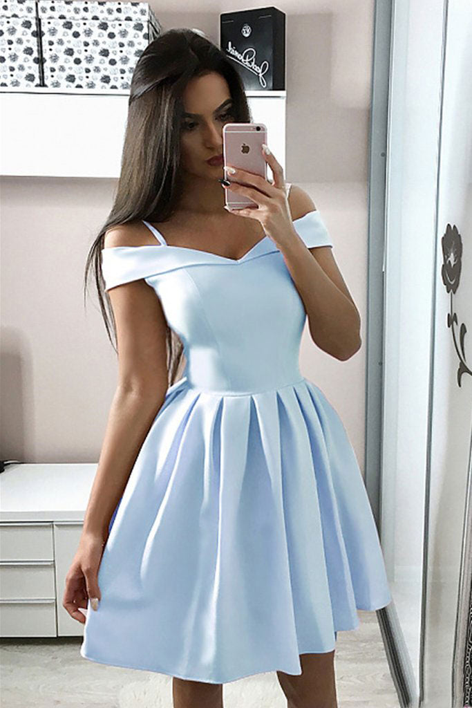Blue off shoulder satin short prom dress blue cocktail dress shdress Blue off shoulder satin short prom dress blue cocktail dress shdress