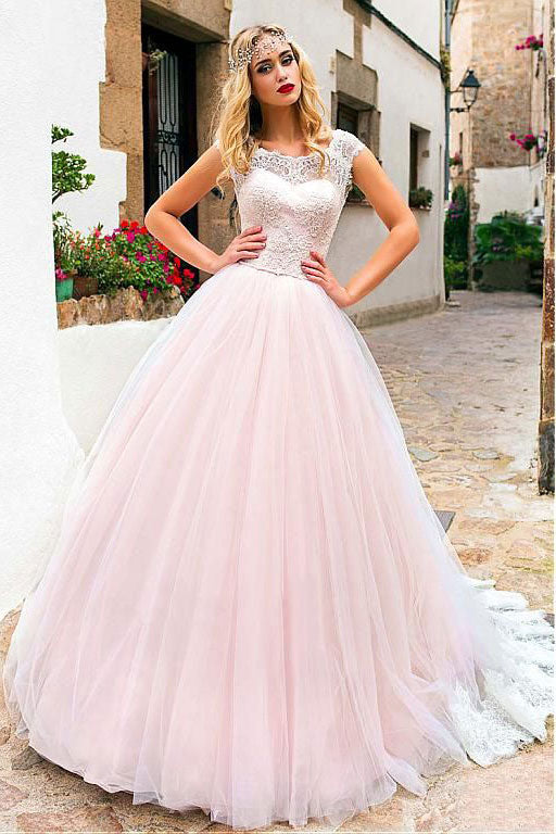 Pink round neck tulle lace long prom dress pink evening dress