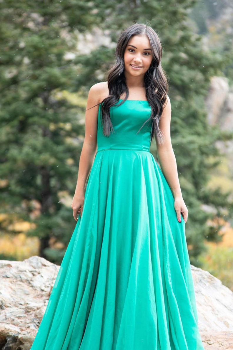green chiffon prom dress A-Line Green Chiffon Lace Long Prom Dress, Beautiful Strapless Floor L