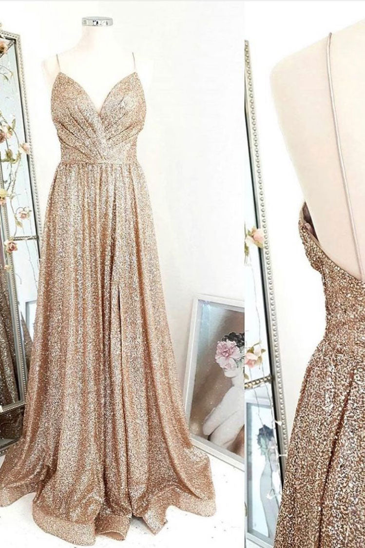 Gold sequin long prom dress gold evening dress