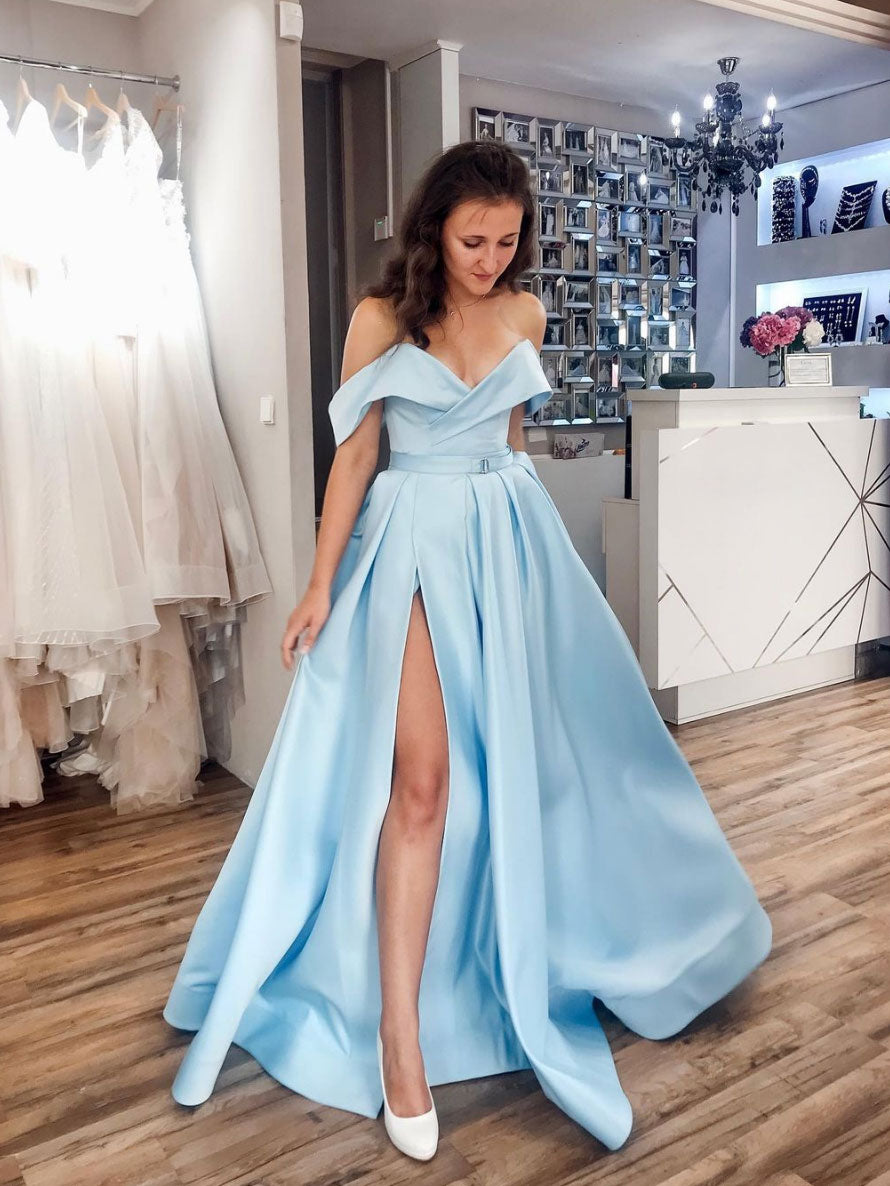 light blue satin off the shoulder dress A-Line Off Shoulder Satin Blue Long Prom Dress, Blue Long Evening Dress US 14 / Blue