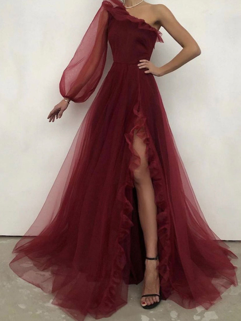 Simple burgundy one shoulder long prom dress, burgundy evening dress shdress Simple burgundy one shoulder long prom dress, burgundy evening dress shdress