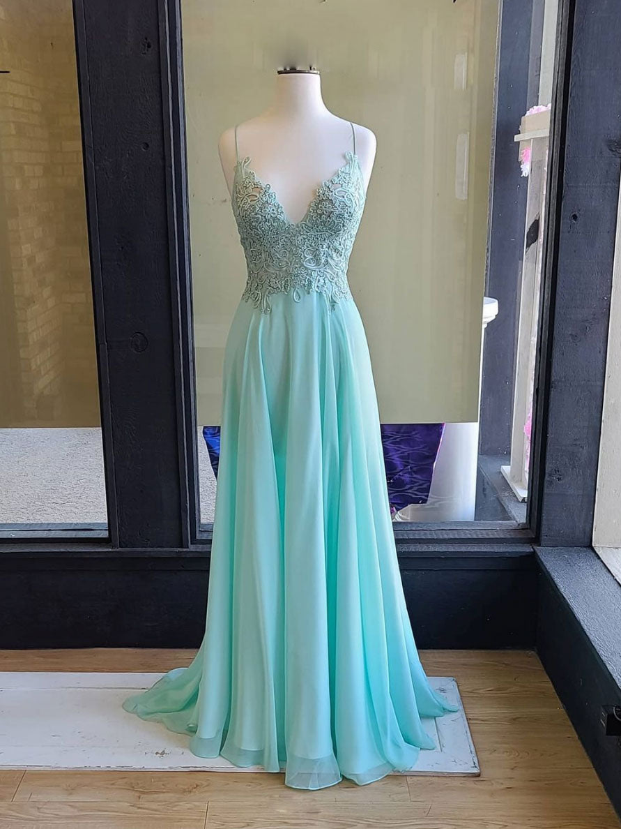 Green v neck lace chiffon long prom dress, lace evening dress shdress Green v neck lace chiffon long prom dress, lace evening dress shdress