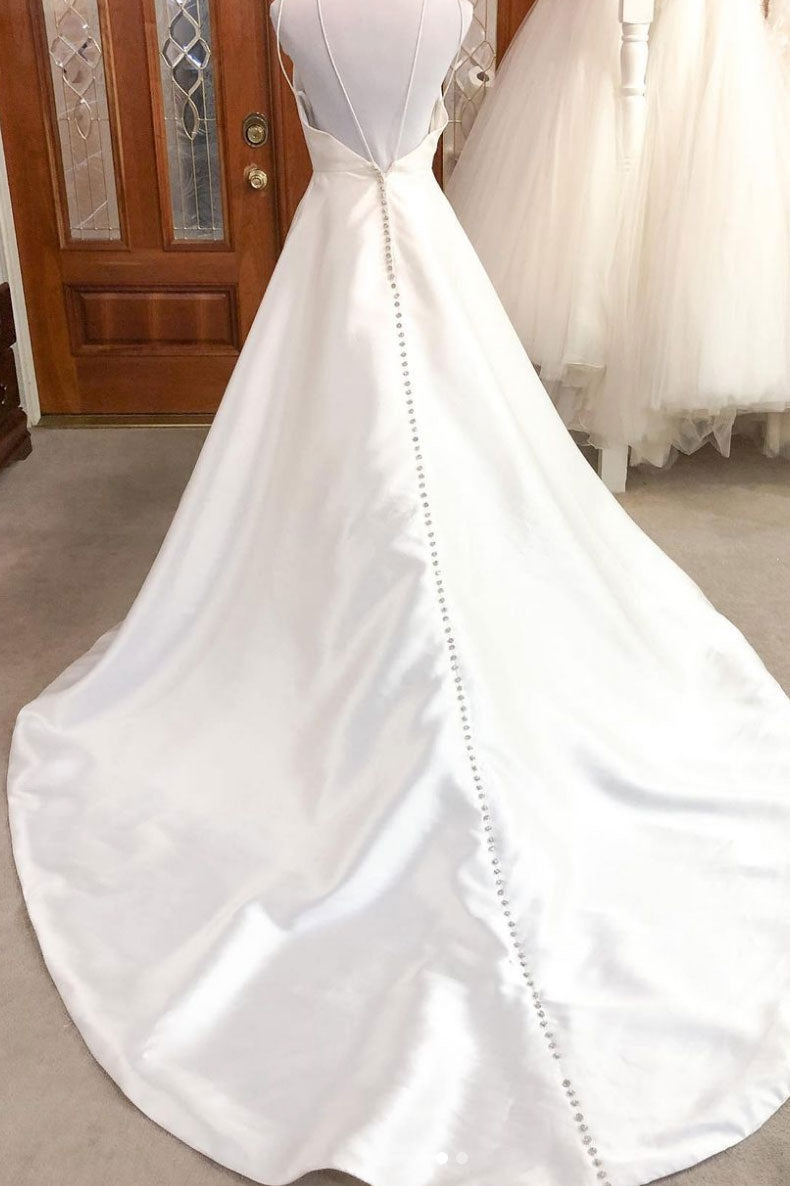 
                  
                    Simple white v neck satin long wedding dress white bridal dress
                  
                