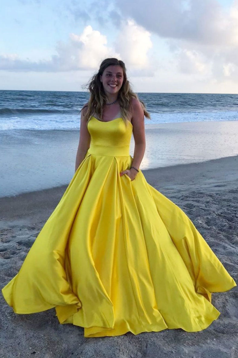 Simple yellow satin long prom dress yellow evening dress
