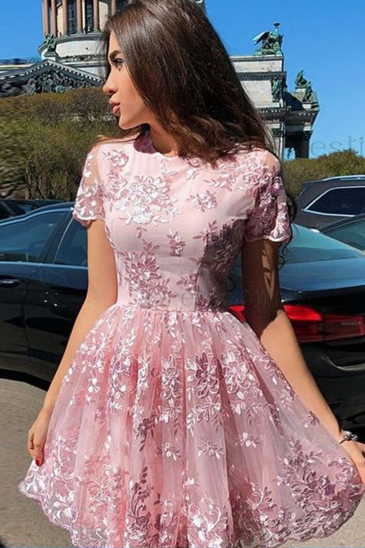 Pink tulle lace short prom dress pink homecoming dress